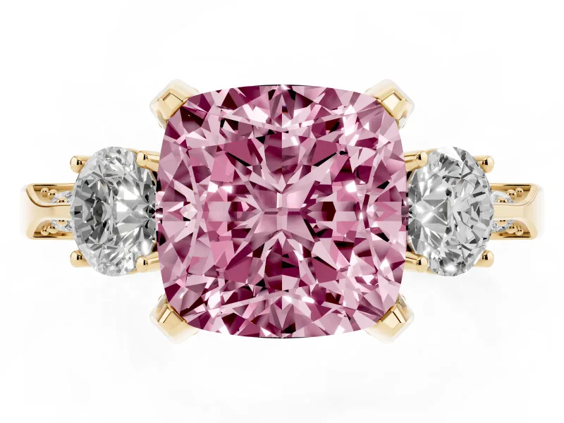 Cushion Cut Hidden Halo Three Stone Engagement Ring Setting for a Fancy Pink Lab-Grown Diamond | Yellow Gold