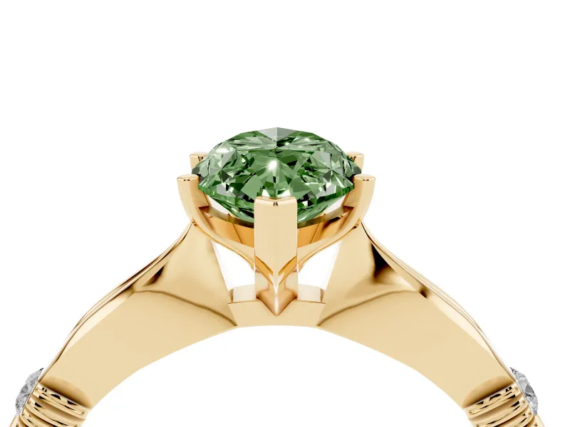 Fancy Green Marquise Cut Diamond Solitaire Twisted Band Ring Set in Yellow gold with Accent Stones and Prong Setting