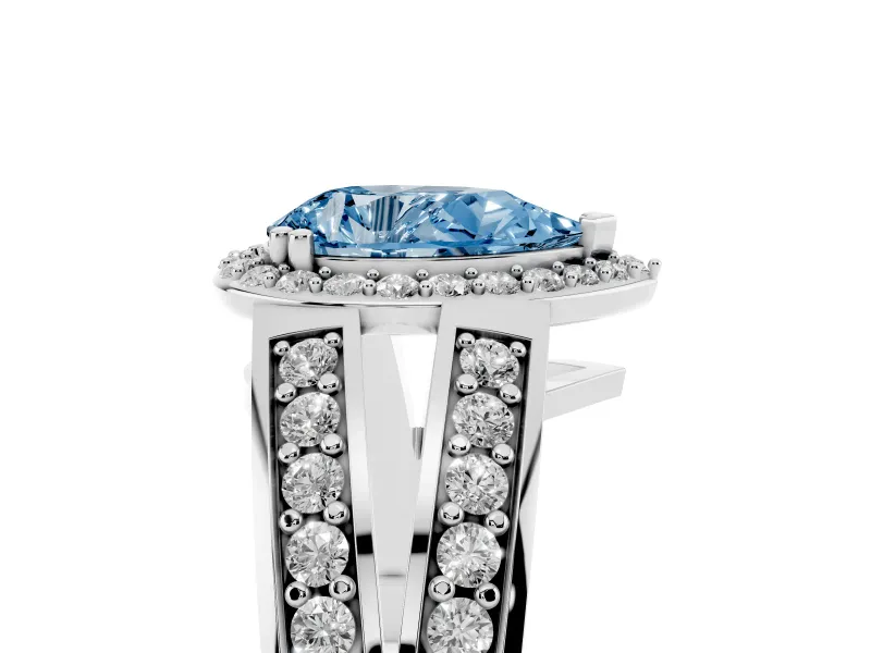 Fancy Blue Pear Cut Diamond Halo Ring Set in White gold with Double Pavé Split Shank