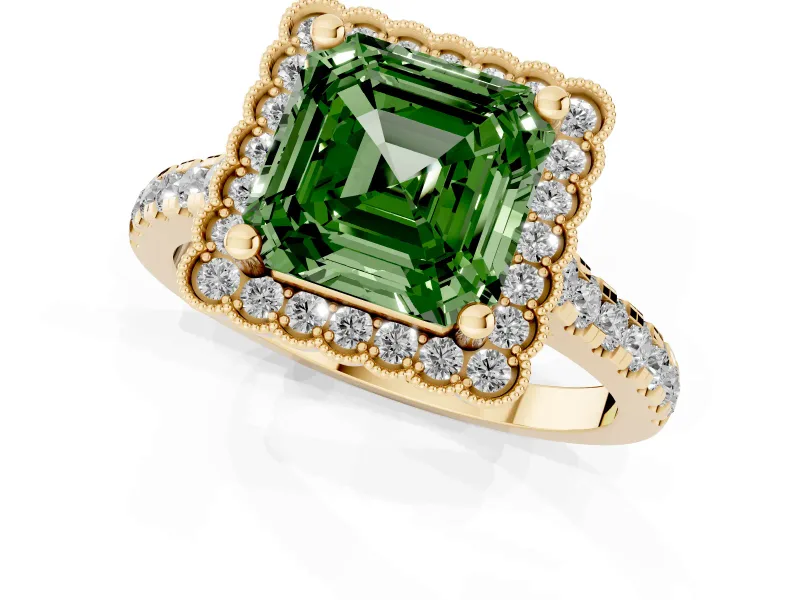 Asscher Cut Milgrain Floral Halo Engagement Ring Setting for a Fancy Green Lab-Grown Diamond | Pavé Band | Yellow Gold
