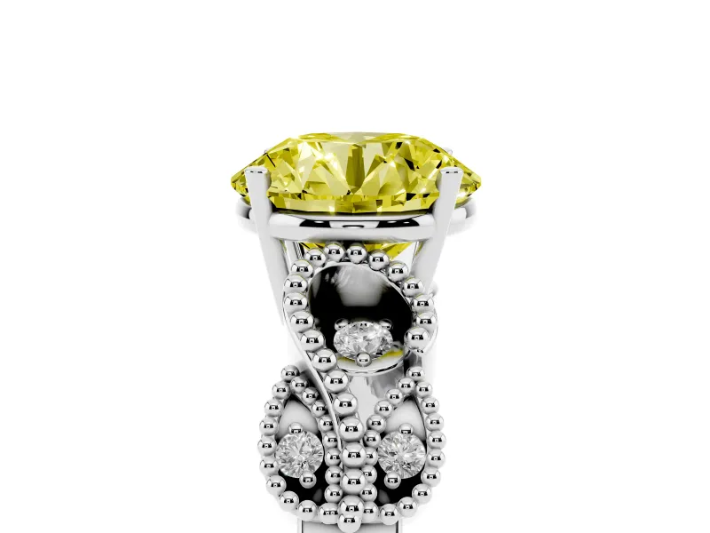 Fancy Yellow Round Cut Diamond Milgrain Leaf Band Solitaire Ring Set in Platinum with Accent Stones and Prong Setting