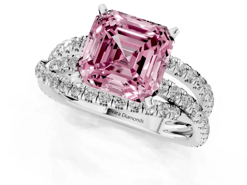 Fancy Pink Asscher Cut Diamond Solitaire Twist Band Ring Set in Platinum with Pavé Setting and Prong Head