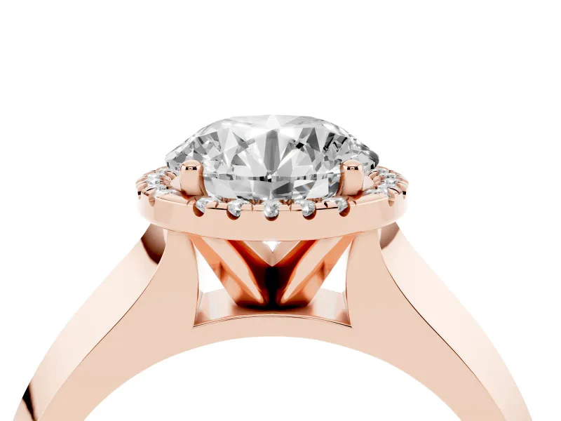 Round Cut Diamond Halo Ring Set in Rose gold with Cathedral Band and Prong Setting