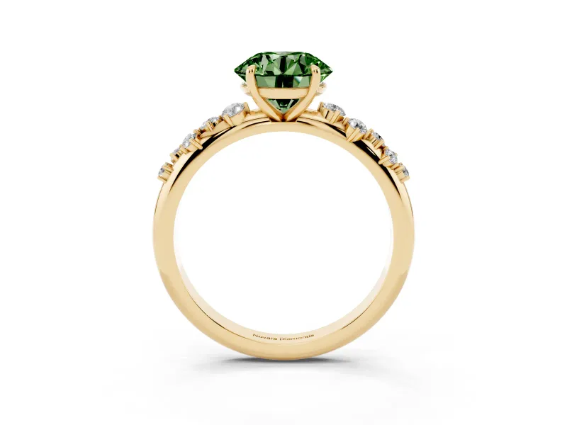 Fancy Green Round Cut Diamond Cluster Solitaire Ring Set in Yellow gold with Prong Setting