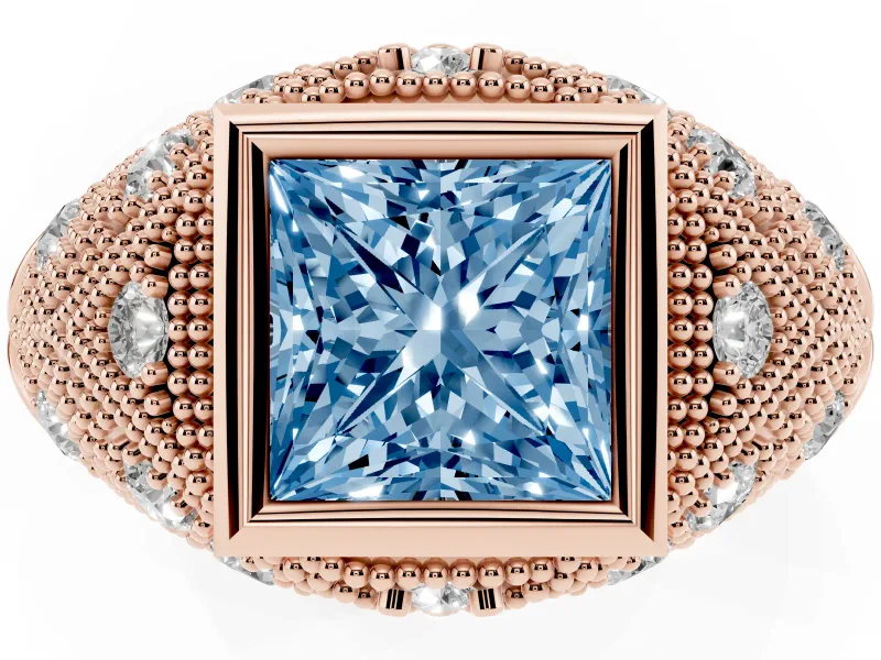 Fancy Blue Princess Cut Diamond Bezel Ring Set in Rose gold with Milgrain Accent Band