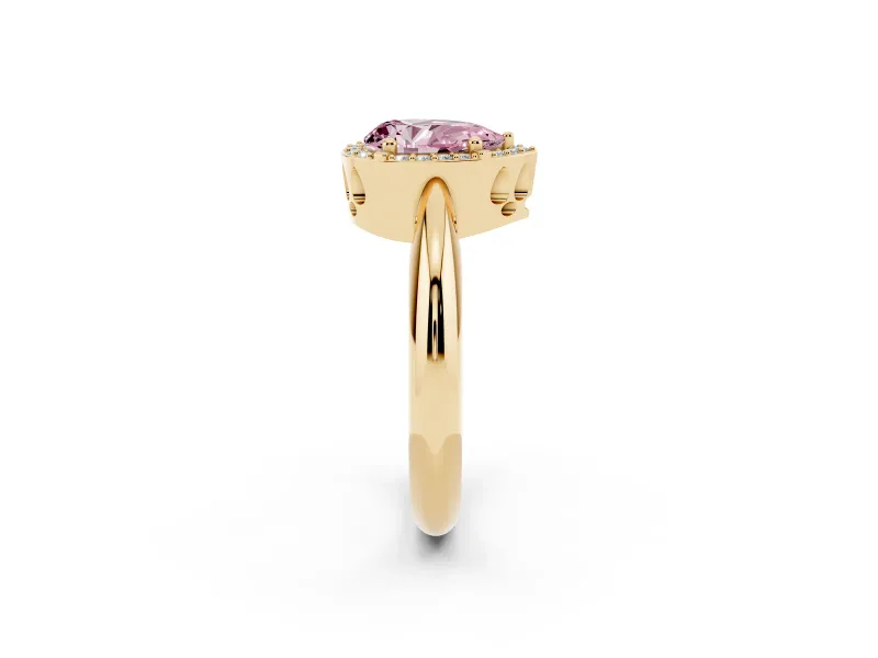 Fancy Pink Pear Cut Diamond Halo Engagement Ring Set in Yellow gold with Plain Split Shank and Prong Setting