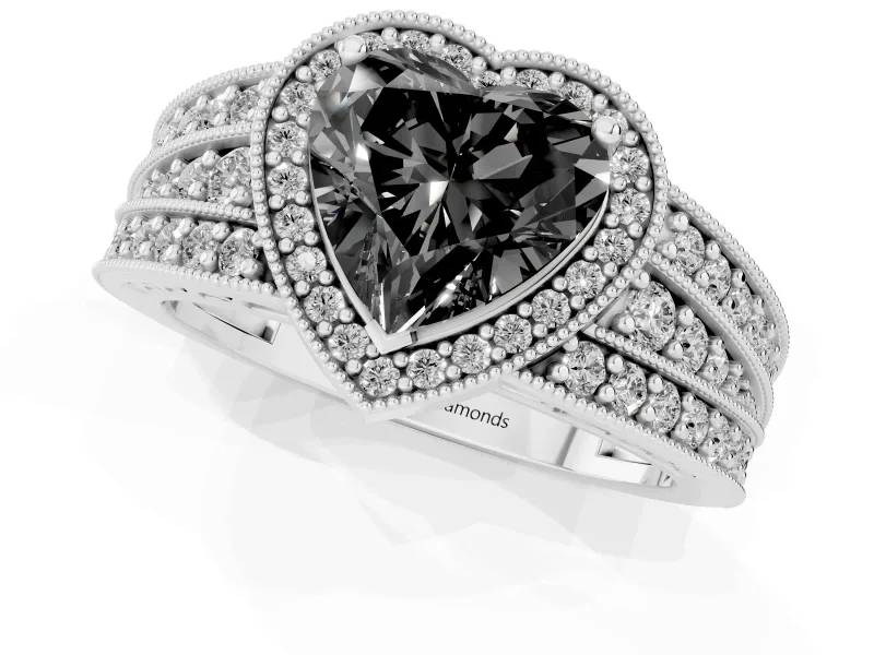 Fancy Black Heart Cut Diamond Halo Ring Set in Platinum with Accent Split Shank and Prong Setting