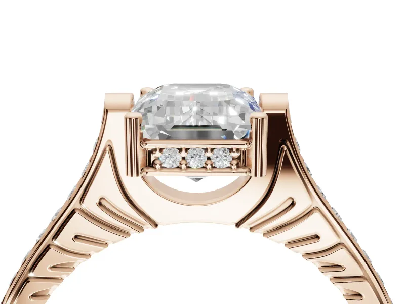 Emerald Cut Vintage Cathedral Engagement Ring Setting | Carved Band | Rose Gold