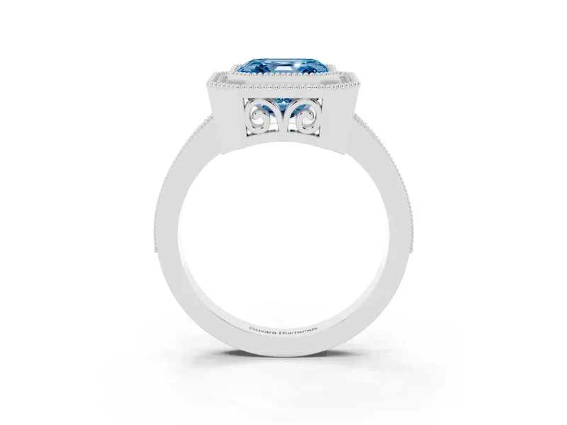Fancy Blue Asscher Cut Diamond Halo Ring Set in Platinum with Pavé Band and Milgrain-Edged Prongs