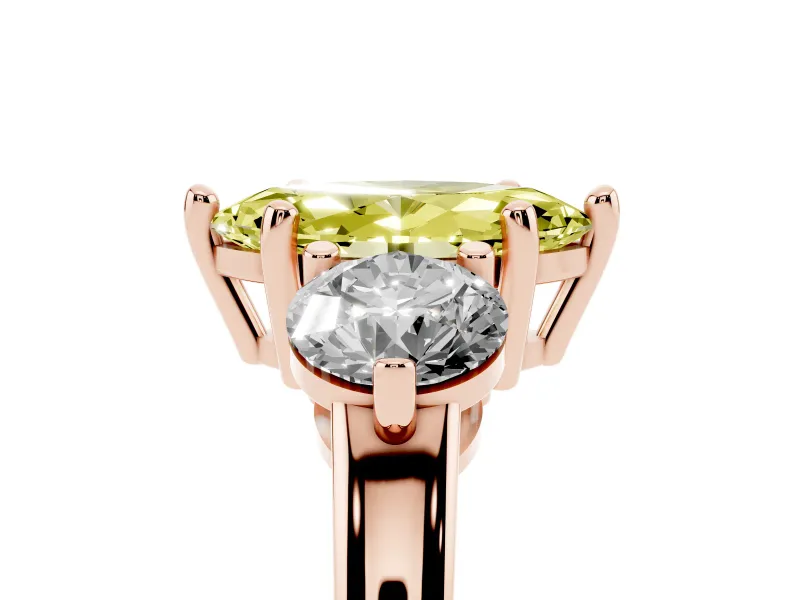 Fancy Yellow Marquise Cut Diamond Three-Stone Ring Set in Rose gold with Prong Setting and Classic Band