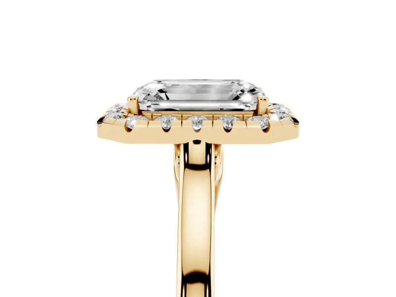 Emerald Cut Halo Round Diamond Solitaire Ring Set in Yellow gold with Pavé Band and Prong Setting
