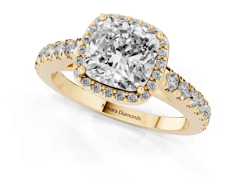 Cushion Cut Halo Pavé Engagement Ring Setting | Single Row Shoulders | Yellow Gold
