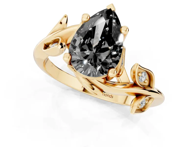 Fancy Black Pear Cut Diamond Solitaire Twist Engagement Ring Set in Yellow gold with Pavé Leaf Accents