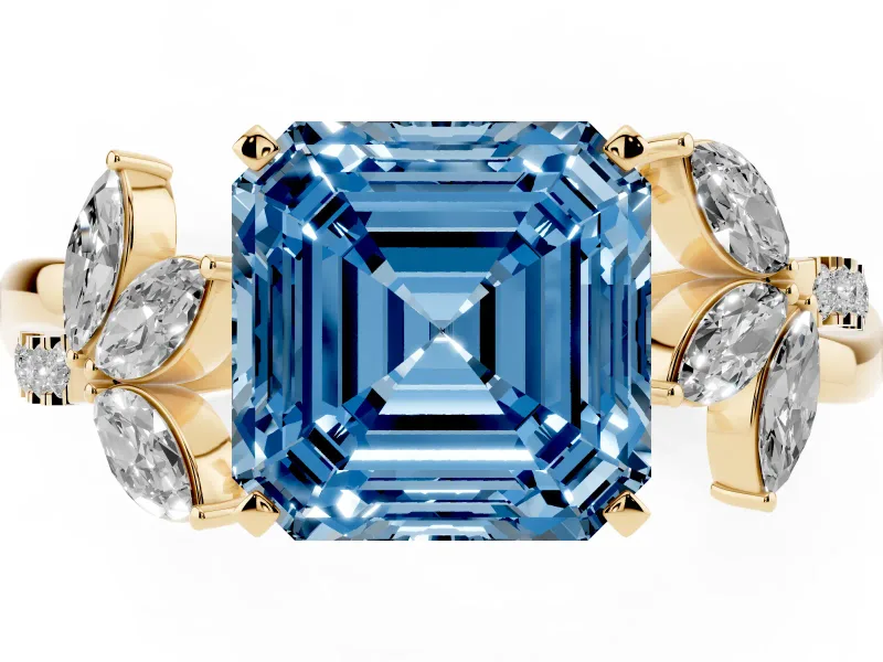 Fancy Blue Asscher Cut Diamond Floral Vine Solitaire Engagement Ring Set in Yellow gold with Marquise Leaves