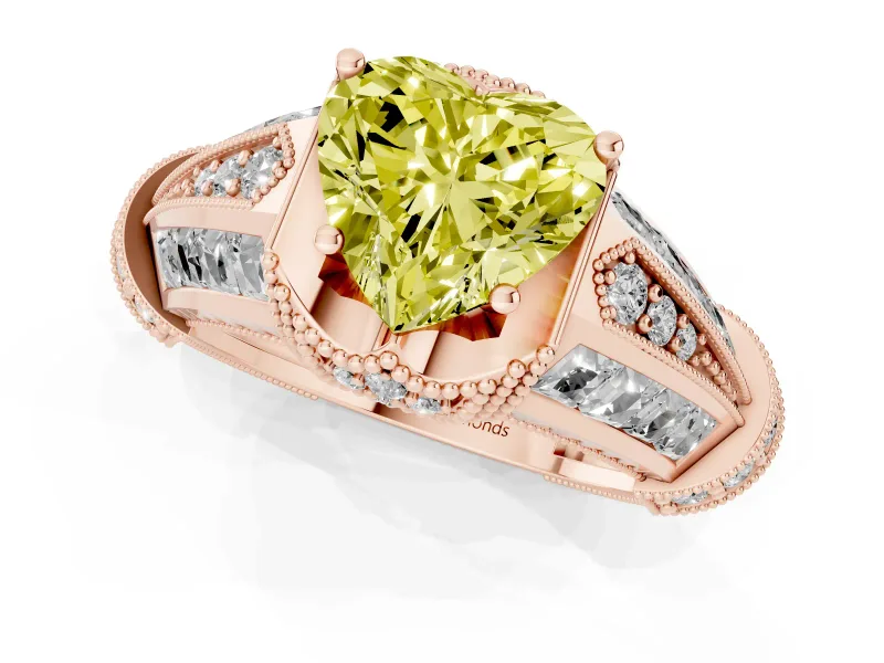 Heart-Shaped Vintage Milgrain Engagement Ring Setting for a Fancy Yellow Lab-Grown Diamond | Hidden Halo | Rose Gold