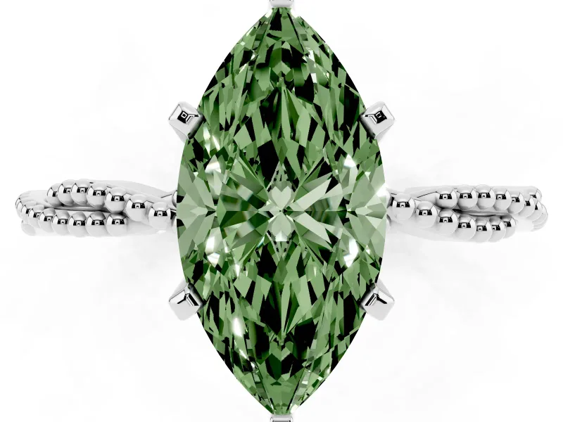 Fancy Green Marquise Cut Diamond Solitaire Ring Set in Platinum with Twisted Band and Bead Prong Setting