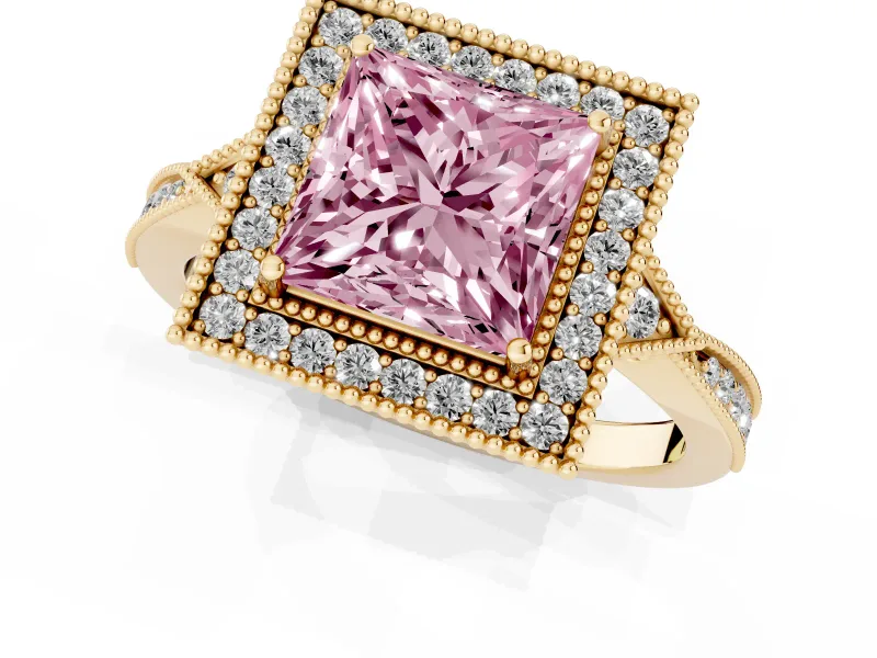 Princess Cut Milgrain Halo Engagement Ring Setting for a Fancy Pink Lab-Grown Diamond | Graduated Pavé | Yellow Gold
