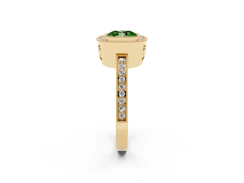 Cushion Cut Milgrain Halo Engagement Ring Setting for a Fancy Green Lab-Grown Diamond | Yellow Gold