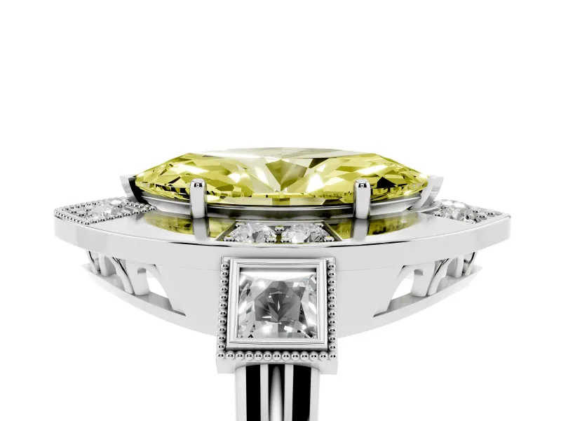 Fancy Yellow Marquise Cut Diamond Milgrain Halo Ring Set in White gold with Split Shank