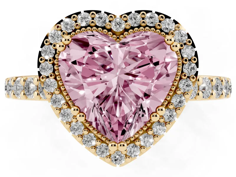 Fancy Pink Heart Cut Diamond Halo Engagement Ring Set in Yellow gold with Milgrain Detail and Pavé Band