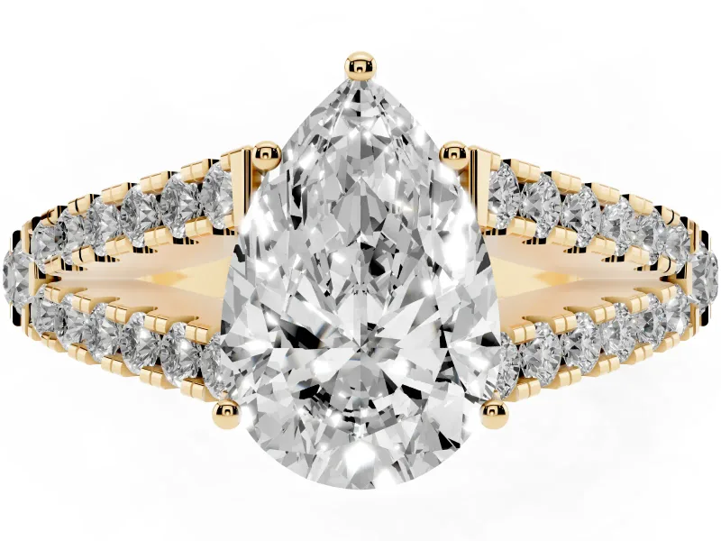 Pear-Shaped Graduated Pave Split Shank Engagement Ring Setting | V Split Shoulders | Yellow Gold