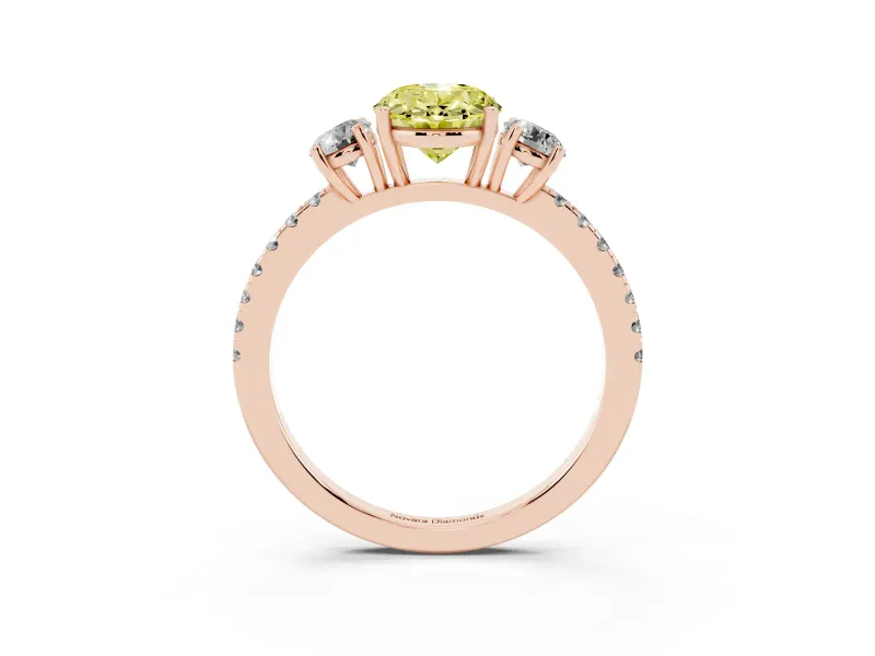 Fancy Yellow Oval Cut Diamond Three-Stone Ring Set in Rose gold with Pavé Band and Graduated Sides