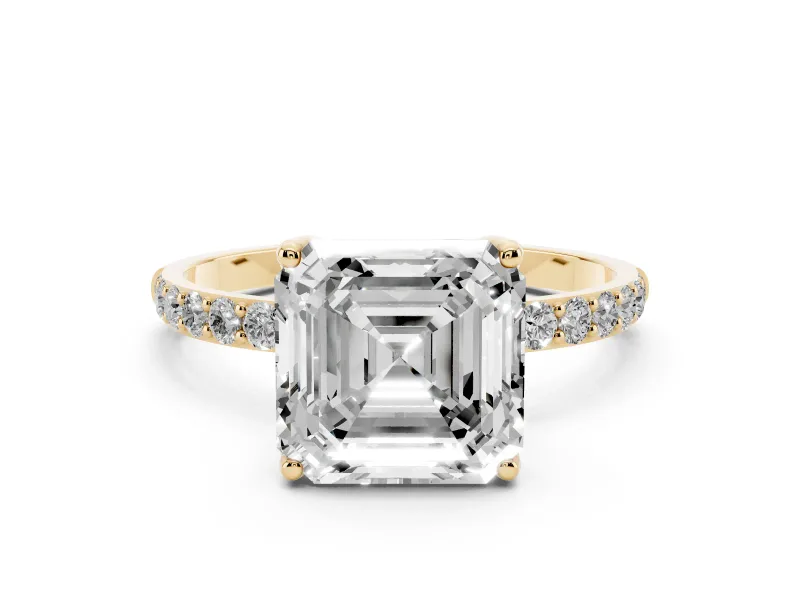 Asscher Cut Diamond Solitaire Engagement Ring Set in Yellow gold with Round Pavé Band and Prong Setting
