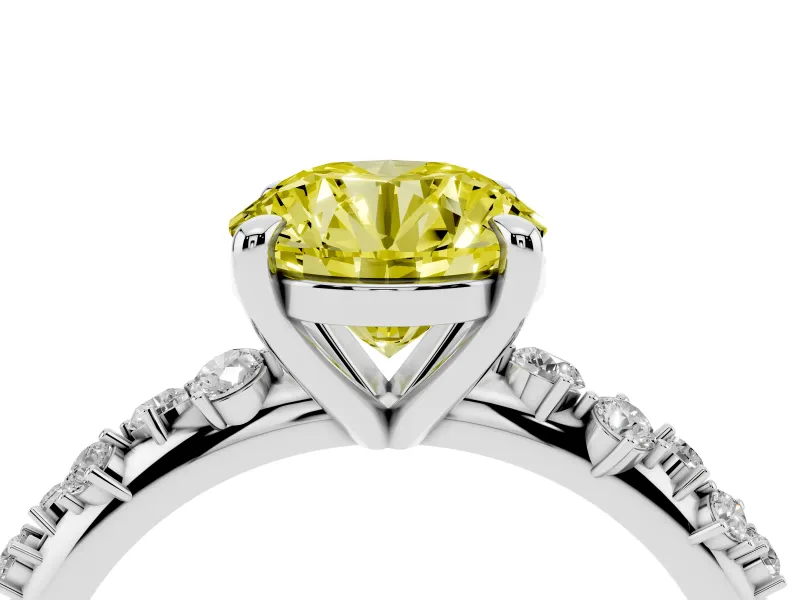 Fancy Yellow Round Cut Diamond Solitaire Vine Band Ring Set in Platinum with Round Accents and Prong Setting