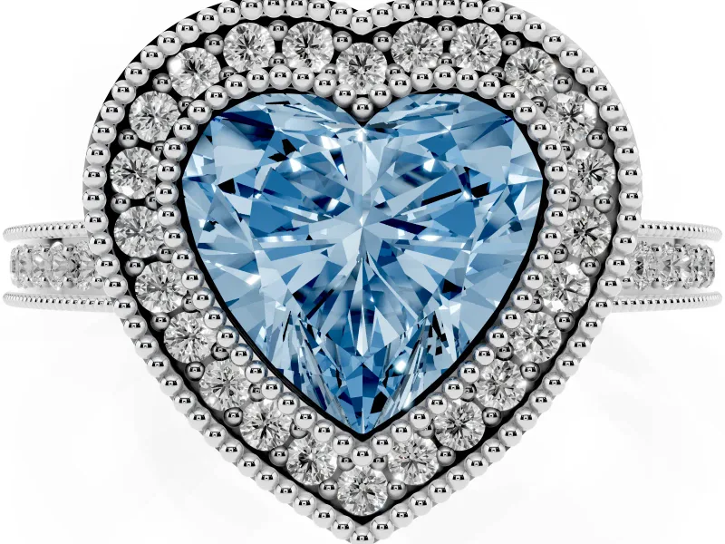 Fancy Blue Heart Cut Diamond Halo Ring Set in Platinum with Pavé Band and Milgrain-Edged Prongs