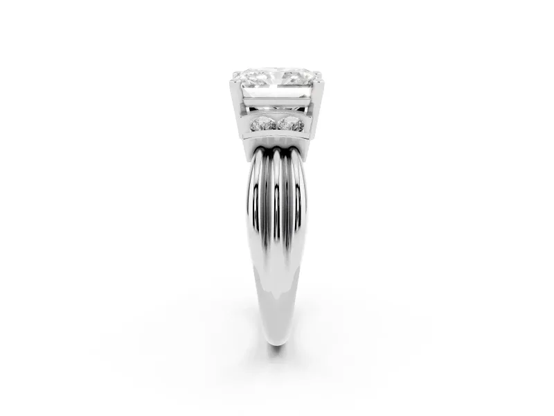 Three-Stone Radiant Cut Diamond Channel Set Ring Set in Platinum with Bar Prongs