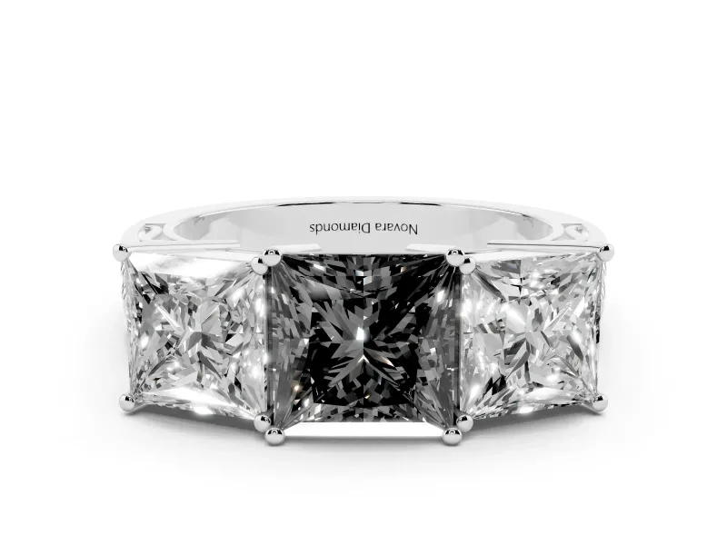 Fancy Black Princess Cut Diamond Three-Stone Ring Set in White gold with Textured Band