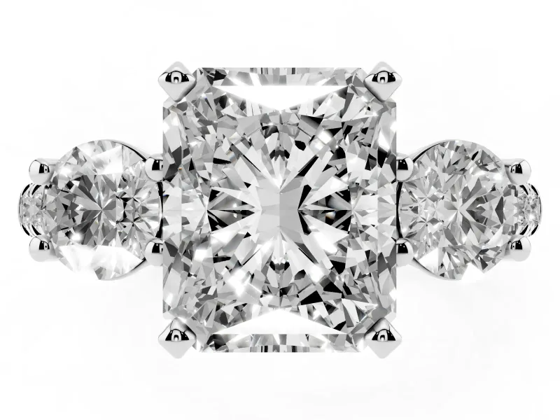 Three-Stone Radiant Cut Diamond Pavé Band Ring Set in Platinum with Prong-Set Trio