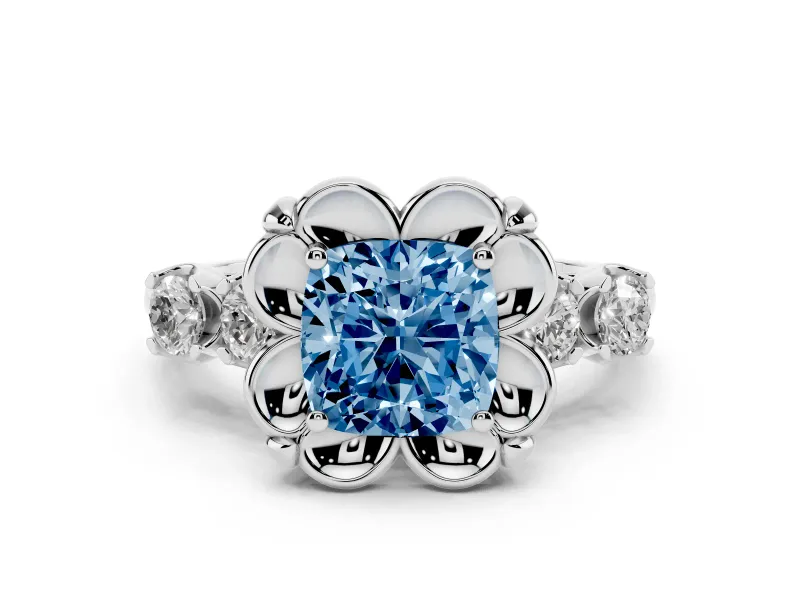 Fancy Blue Cushion Cut Diamond Floral Halo Ring Set in Silver with Shared Prong Band