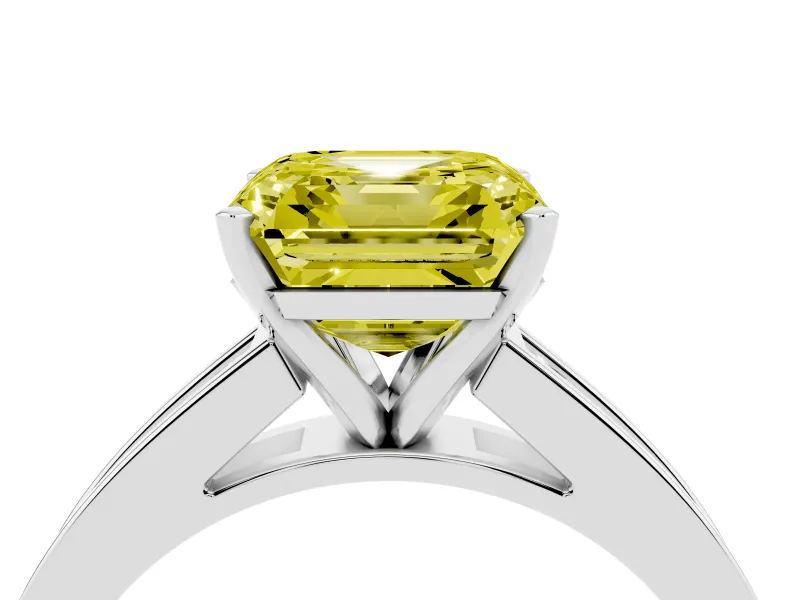 Fancy Yellow Asscher Cut Diamond Solitaire Ring Set in White gold with Channel-Set Band and Prong Setting