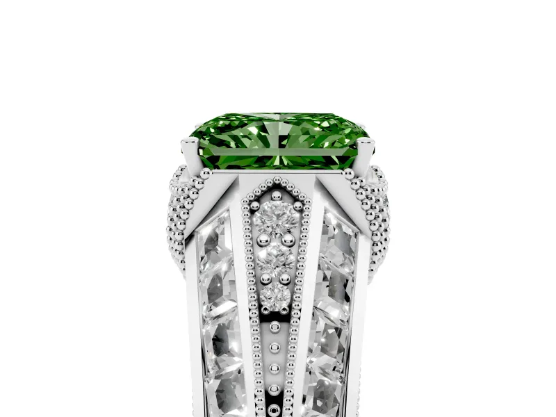 Fancy Green Radiant Cut Diamond Vintage-Inspired Milgrain Ring Set in Silver with Accent Split Shank