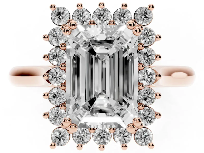 Emerald Cut Starburst Halo Engagement Ring Setting | Thin Plain Band | Rose Gold