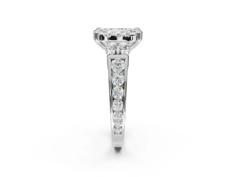 Cushion Cut Halo Side Cluster Engagement Ring Setting | Graduated Channel Band | Sterling Silver