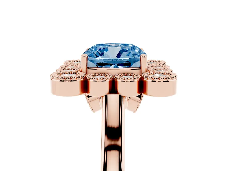 Cushion Cut Milgrain Cluster Halo Engagement Ring Setting for a Fancy Blue Lab-Grown Diamond | Plain Band | Rose Gold