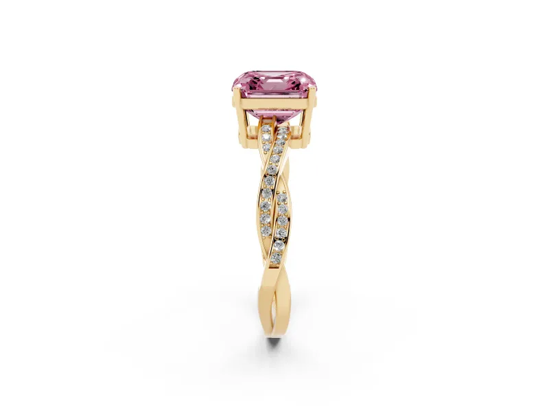 Fancy Pink Asscher Cut Diamond Solitaire Twisted Pavé Ring Set in Yellow gold with Prong Setting