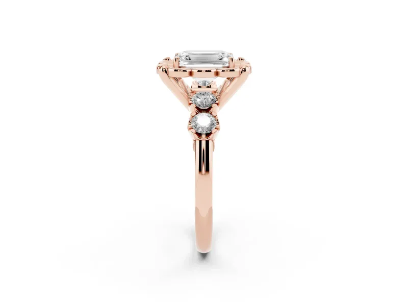 Emerald Cut Floral Engagement Ring Setting | Petal Frame and Side Stones | Rose Gold
