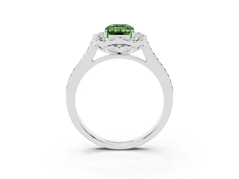 Emerald Cut Petal Tip Halo Engagement Ring Setting for a Fancy Green Lab-Grown Diamond | Pavé Band | Sterling Silver