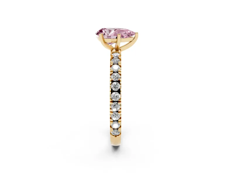 Fancy Pink Pear Cut Diamond Pavé Band Solitaire Set in Yellow gold with Prong Setting