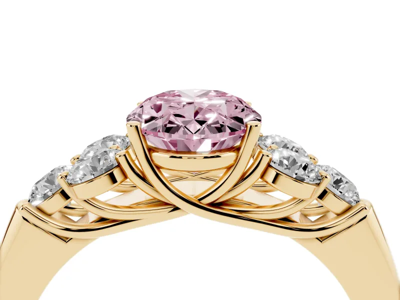 Oval Side Stone Engagement Ring Setting for a Fancy Pink Lab-Grown Diamond | Yellow Gold