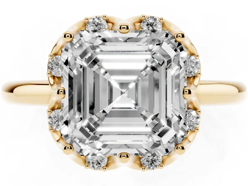 Asscher Cut Scalloped Petal Halo Engagement Ring Setting | Plain Band | Yellow Gold