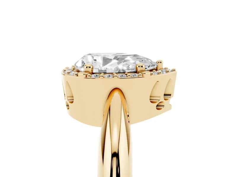 Pear Cut Diamond Halo Engagement Ring Set in Yellow gold with Plain Split Shank and Prong Setting