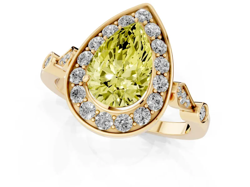 Pear-Shaped Halo Engagement Ring Setting for a Fancy Yellow Lab-Grown Diamond | Bezel Station Shoulders | Yellow Gold
