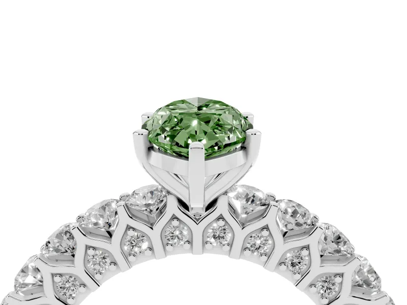 Fancy Green Marquise Cut Diamond Solitaire Ring Set in Platinum with Shared Prong Pavé Band