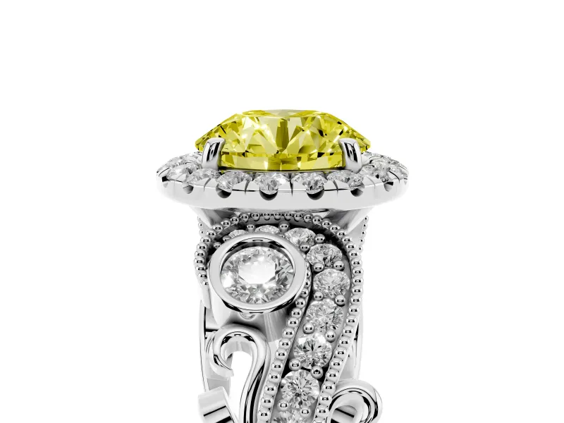 Fancy Yellow Round Cut Diamond Halo Ring Set in White gold with Milgrain Pavé Band and Prong Setting