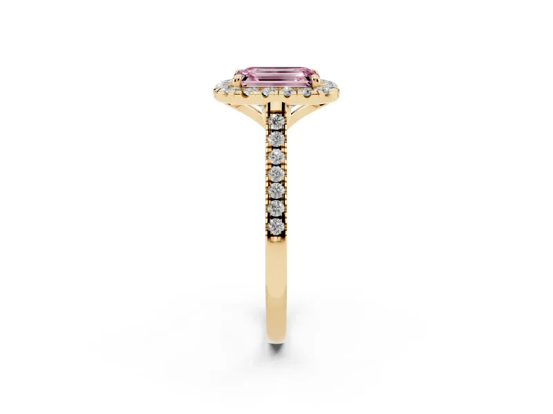 Emerald Cut Halo Engagement Ring Setting for a Fancy Pink Lab-Grown Diamond | Tapered Band | Yellow Gold