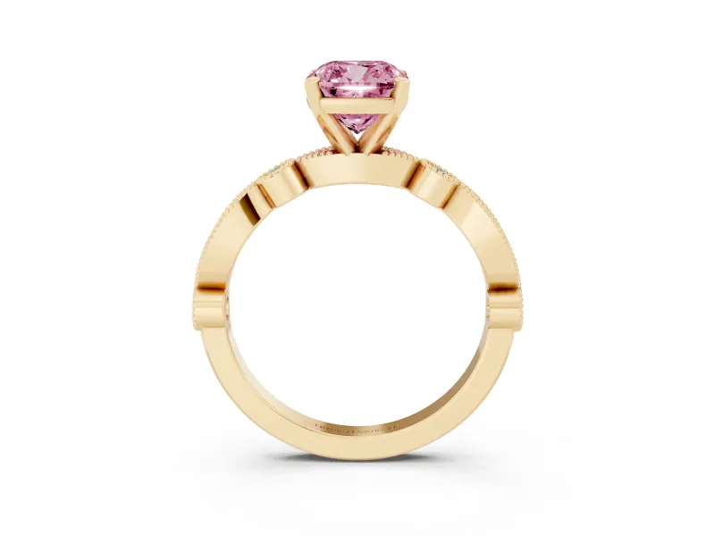 Fancy Pink Cushion Cut Diamond Solitaire Engagement Ring Set in Yellow gold with Milgrain Bezel Accent Band